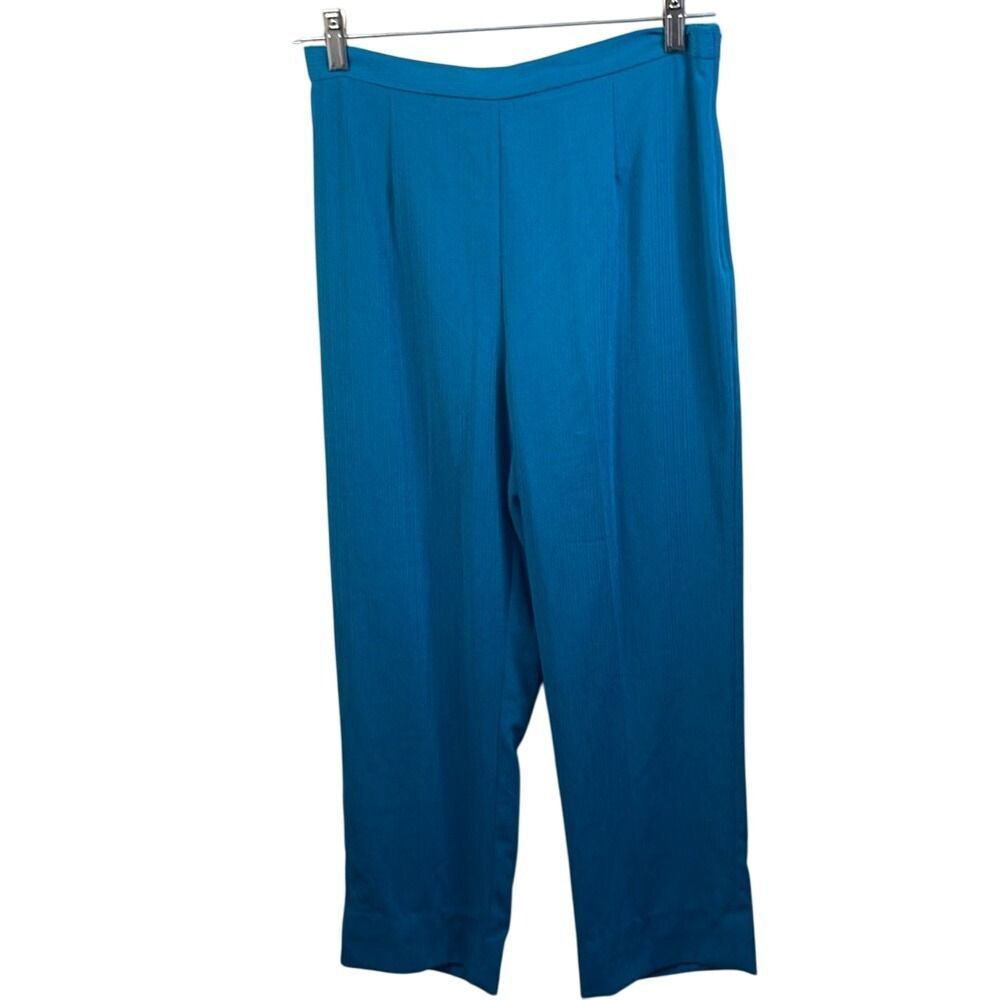 Blue Ribbed High Waist Cropped Trousers Career Dress Pants 10 2074000